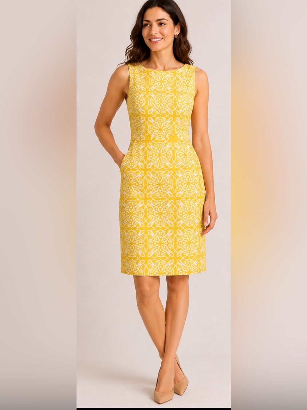 Boden Sandra Dress Yellow Jacquard Sheath Dress Sleeveless Medallion Print US6R